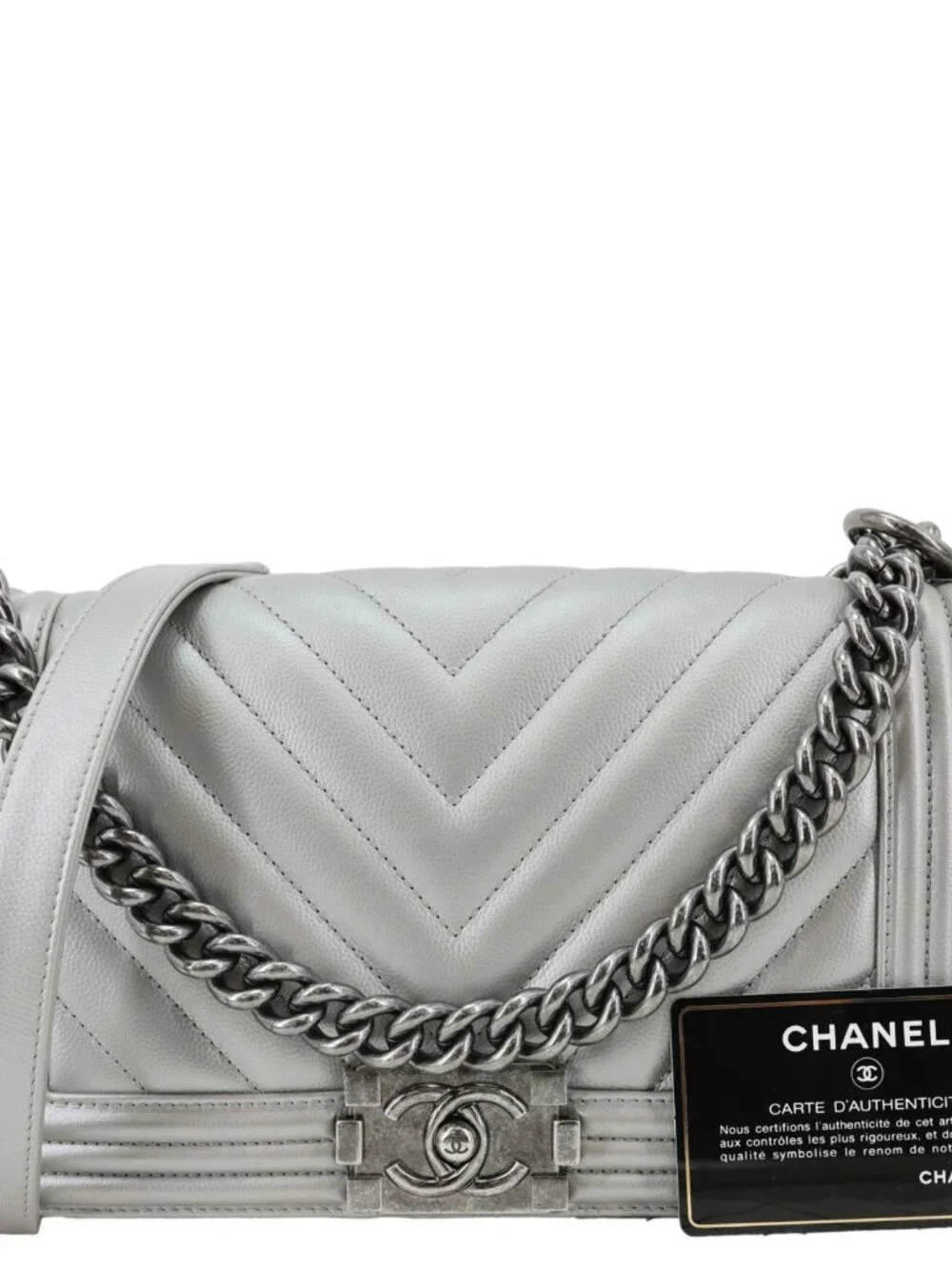 Chanel Boy Flap Medium Chevron Quilted Metallic Caviar Leather Crossbody Bag Si